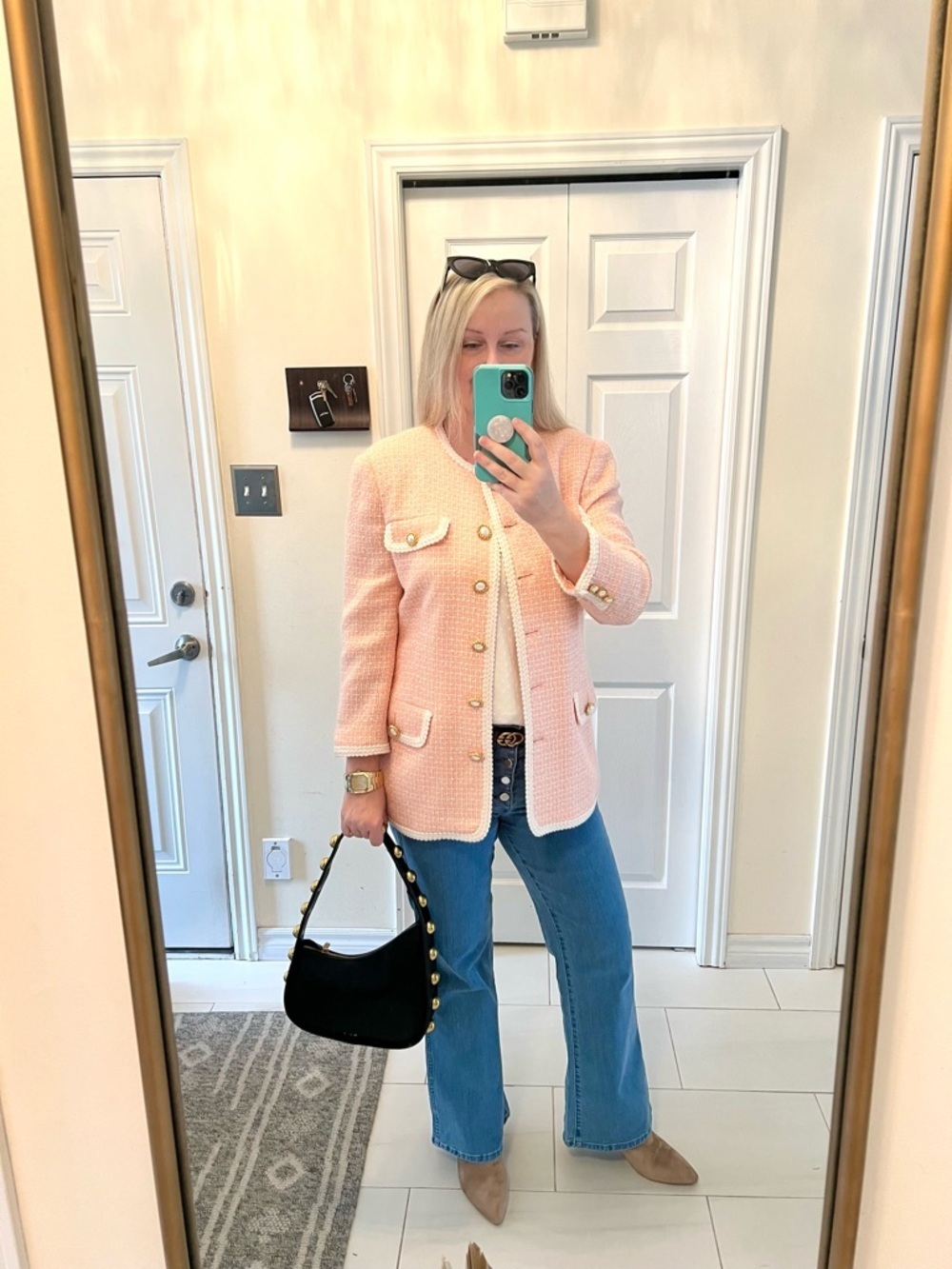 Chanel inspo Fantasy Pink Tweed Jacket Cream Trim and Gold Buttons L ptp 23”